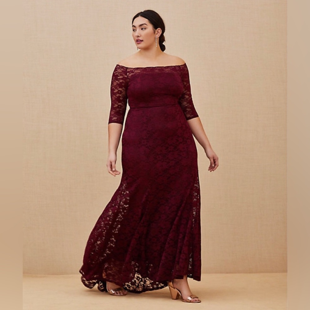 NWT TORRID Special Occasion Burgundy Red Lace Off Shoulder Maxi Dress Size 12